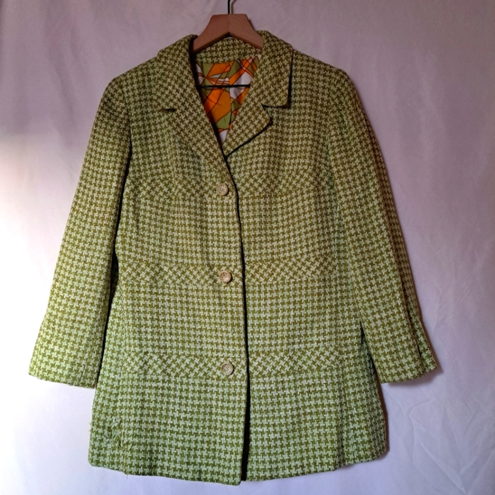 60s green checkered, hounds tooth pattern blazer